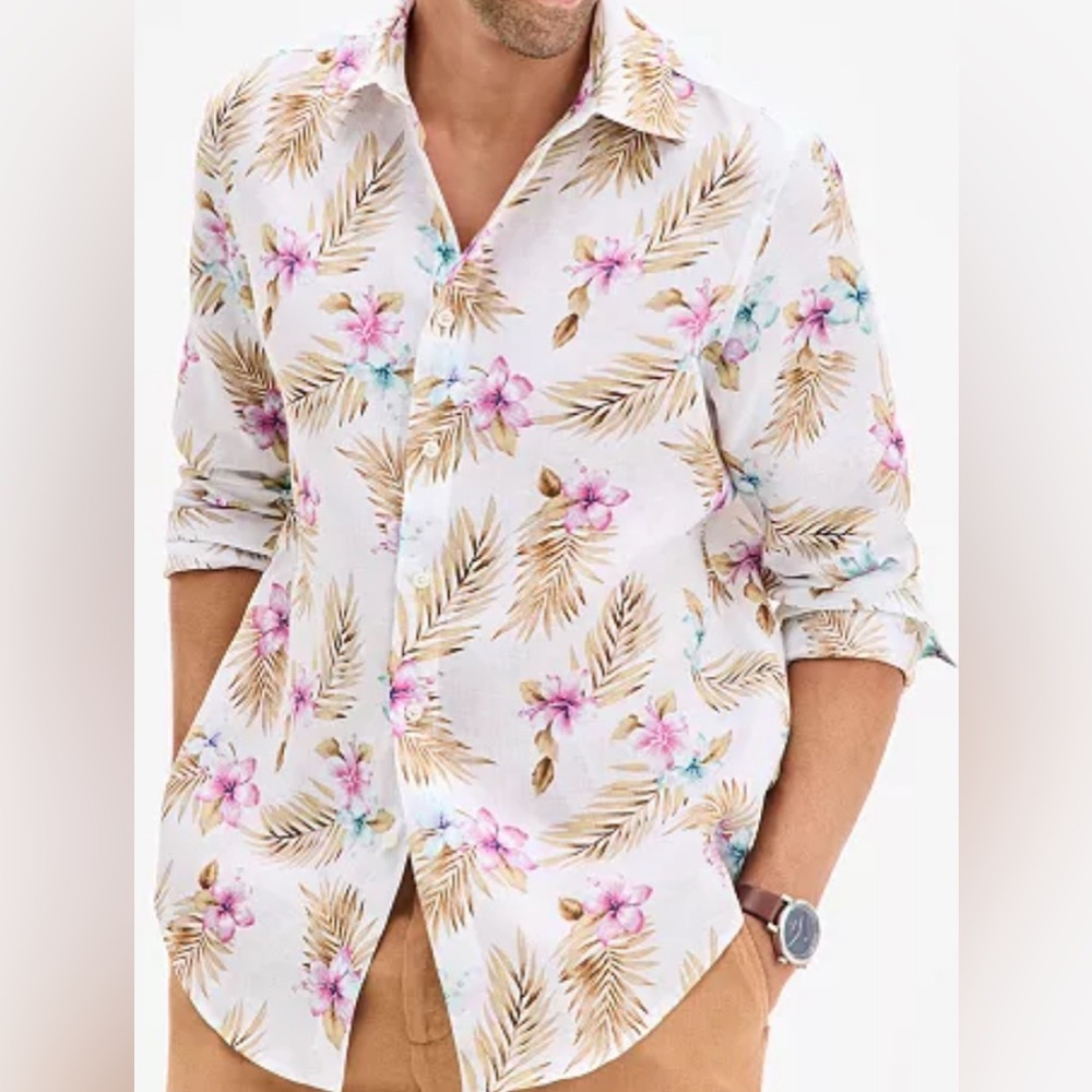 Floral Print Button-Up Linen Shirt